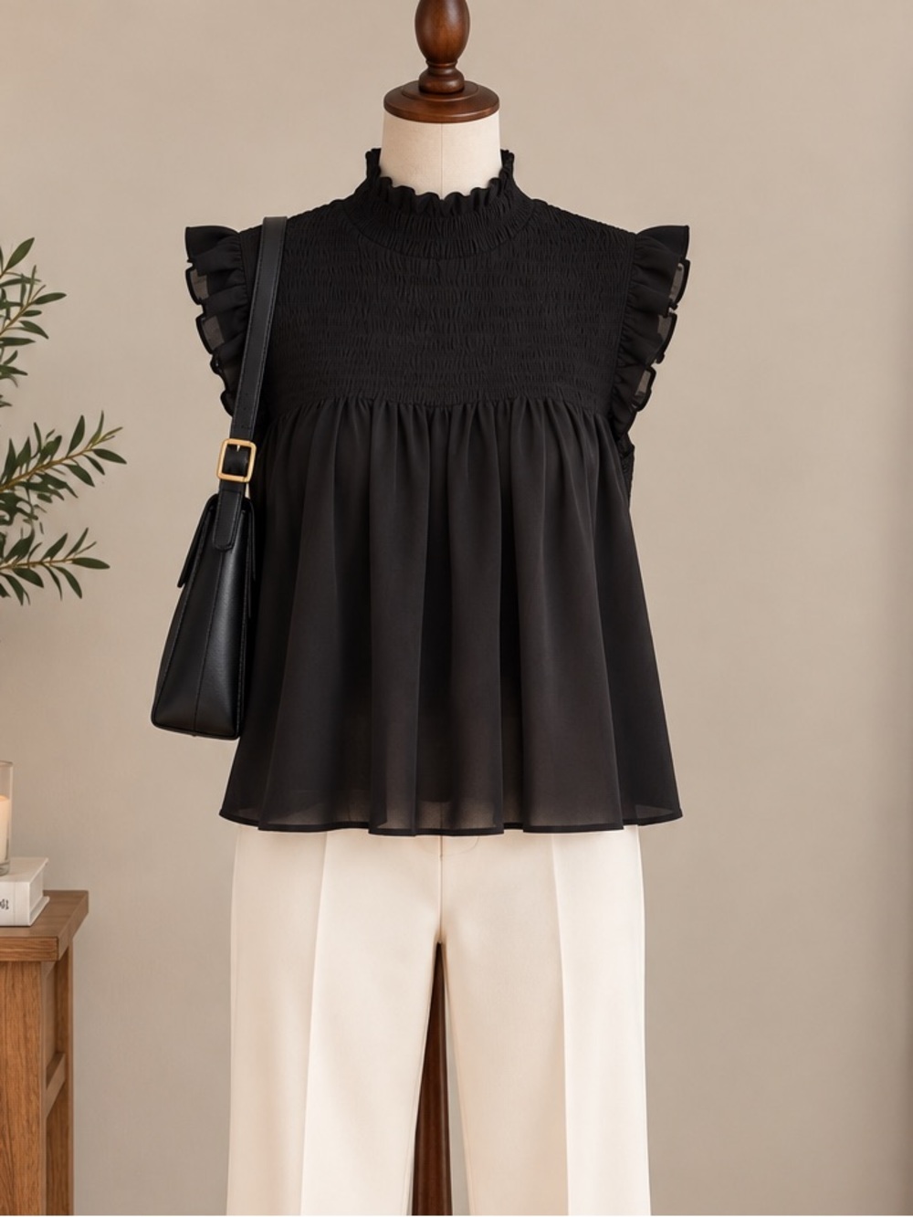 French Connection Black Smocked Ruffle Blouse S Romantic Dark Academia